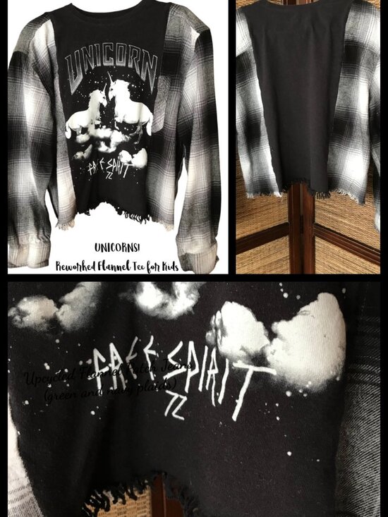 Upcycled Girls Unicorn Flannel Shirt: Reworked Graphic Tee Black White Size 8-12 - Picture 11 of 11